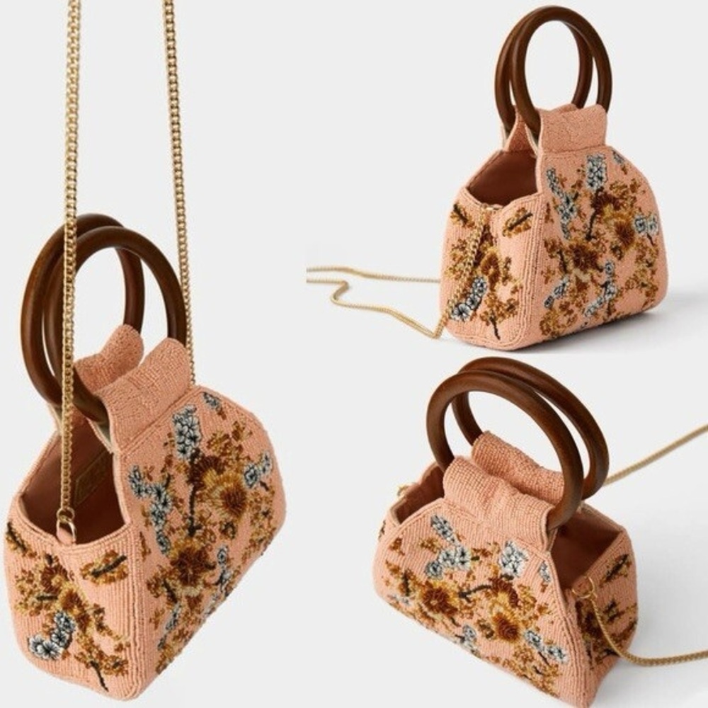 Zara Peach Floral Beaded Mini Bag with Brown Wooden Handles and Gold Chain